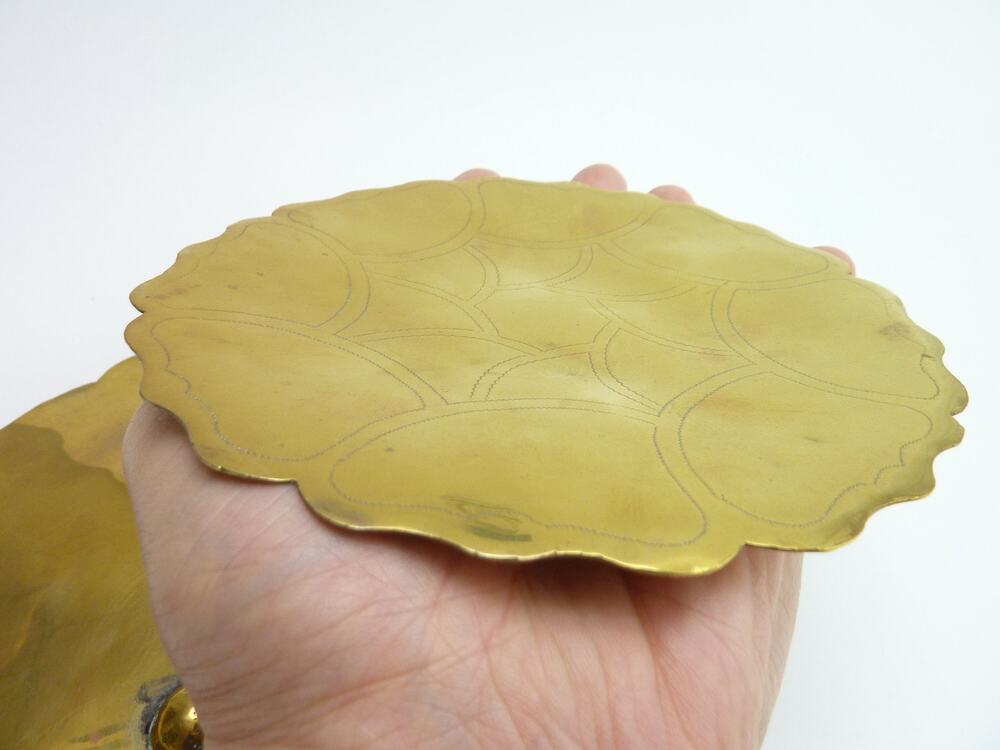 Vintage Brass Flower Dishes Etched Asian Design Candle Holder Trinket Dish